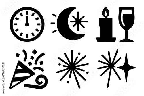Midnight Celebration Icons. Midnight Festivity Symbols silhouette icon set. clock face at midnight, shining moon, candlelight, champagne glass, confetti stream, party horn