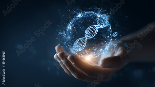 Glowing D N A helix held in open palm surrounded by digital network genetic science