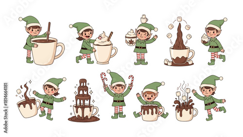 Whimsical Elf's Sweet Creations: A series of illustrations depicts joyful elves, busily crafting delectable chocolate delights and beverages, spreading holiday cheer and warmth.