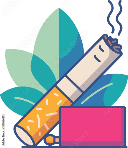 Burning cigarette with smoke and matchbox on abstract leaf background smoking tobacco