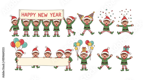 New Year Elf: Cheerful elves are in the spirit of celebrating the new year, embracing fun and joy with party decorations in a cheerful atmosphere.