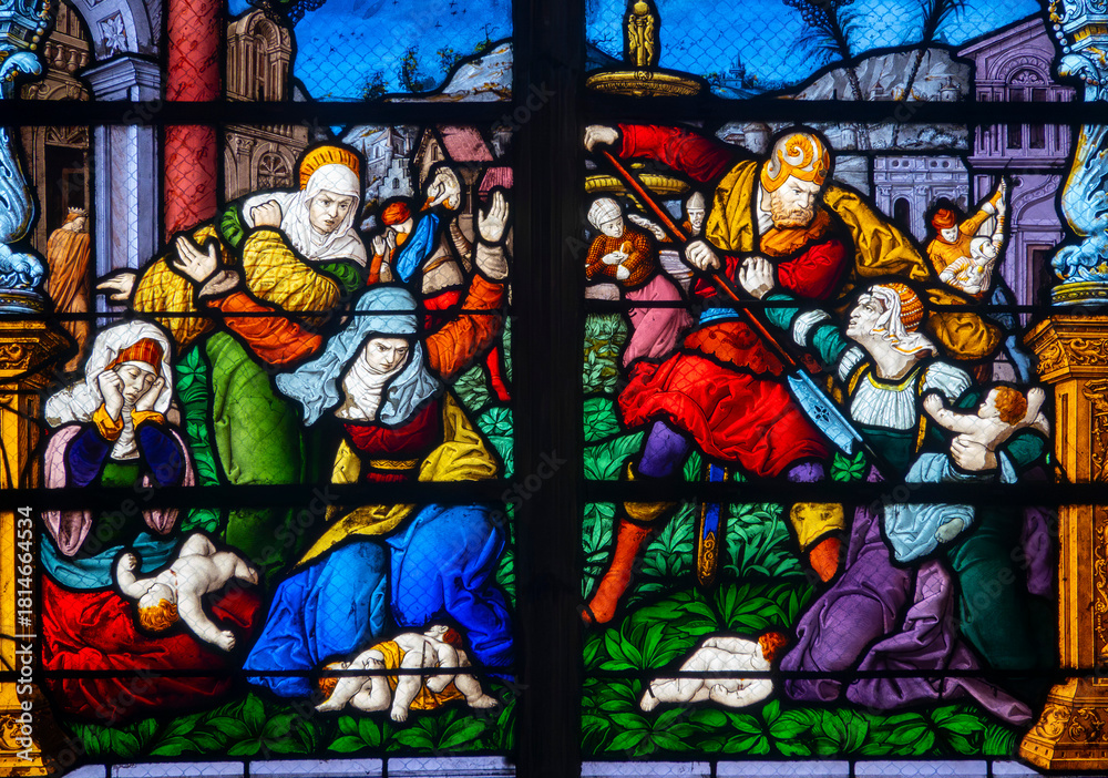Obraz premium Stained glass (19th century) of The massacre of the Innocents.