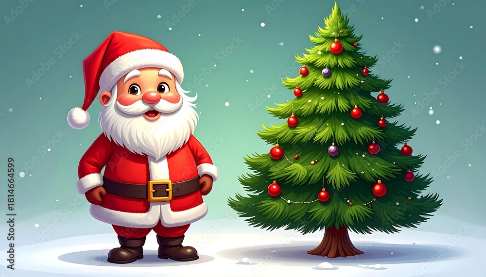 Fototapeta premium Cheerful cartoon Santa stands beside a bright green Christmas tree against a soft, snowy background