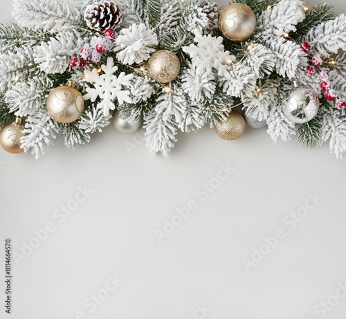 Arrière-plan avec des branches de sapin de Noël enneigées et des boules en haut avec un fond blanc