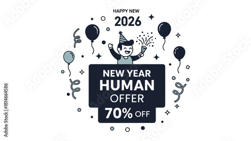 Happy New Year Human Offer: An illustration that captures the festive spirit of New Year's celebrations, a child is depicted with celebratory elements, with text highlighting a New Year offer. 