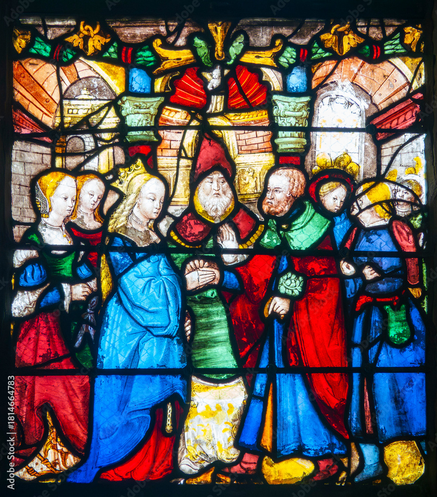 Fototapeta premium Stained glass (19th century) of Holy family: The wedding of Mary and Joseph.