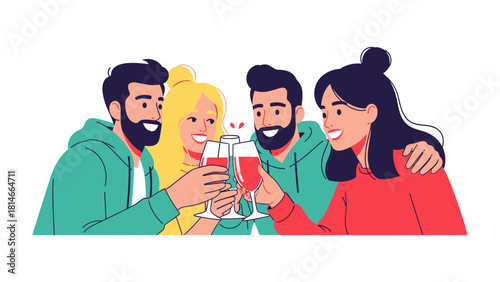 Cheers to Connection: Four individuals raise glasses in a toast, their faces lit with warmth and camaraderie, symbolizing unity and celebration of a shared moment.