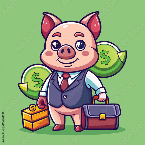 Cute cartoon pig businessman with briefcase and money symbols representing financial success