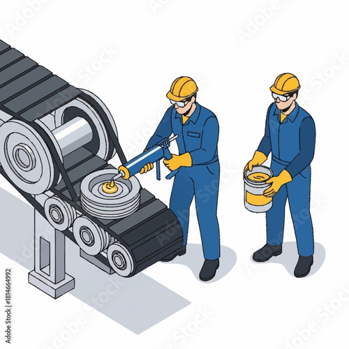 Factory workers applying sealant to metal parts on a conveyor belt.
