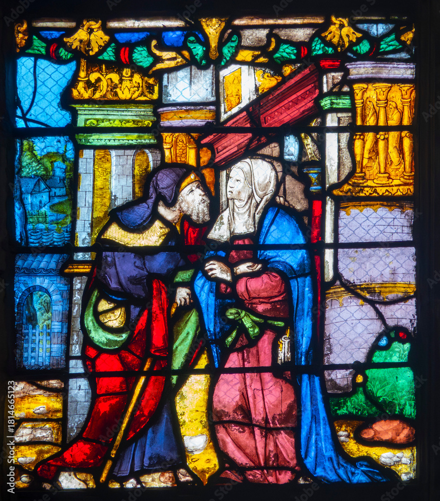 Obraz premium Stained glass (16th century) of Anne and Joachim meet at Jerusalem's golden gate.