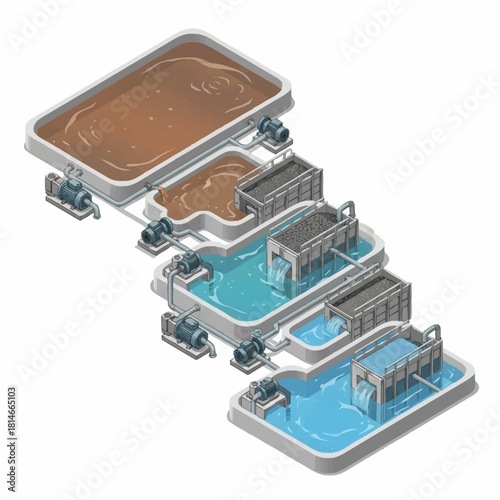 Water treatment plant process stages for purification and cleaning.