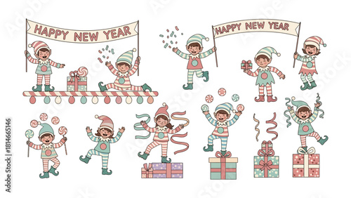 Joyous Holiday Elves: An array of spirited elves joyfully ushering in the New Year. Each whimsical illustration captures the festive essence of celebration.