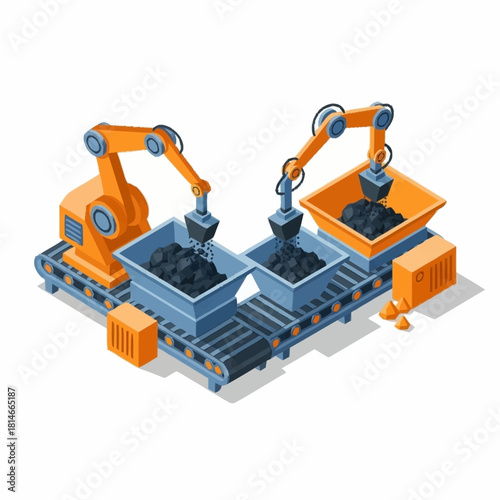 Automated Industrial Mining Process with Robotic Arms and Conveyor Belts.