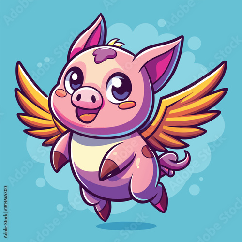 Adorable cartoon pig with golden wings flying joyfully against a blue background