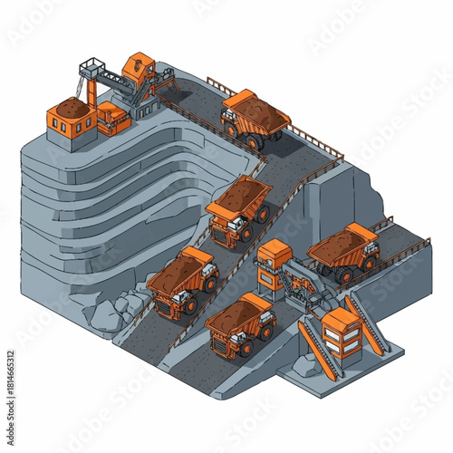 Mining trucks transport ore from open pit mine to processing plant.