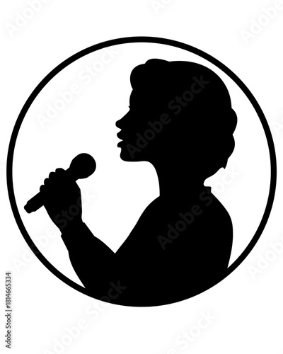 A woman with a microphone speaking in public, giving a lecture, a female public speaker - vector silhouette image for stencils, pictograms, and laser cutting. A girl speaking in public sign or stencil