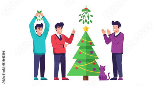 Festive Gathering: A group of friends is joyfully decorating a Christmas tree, with one holding mistletoe in the air, creating a scene of holiday spirit.