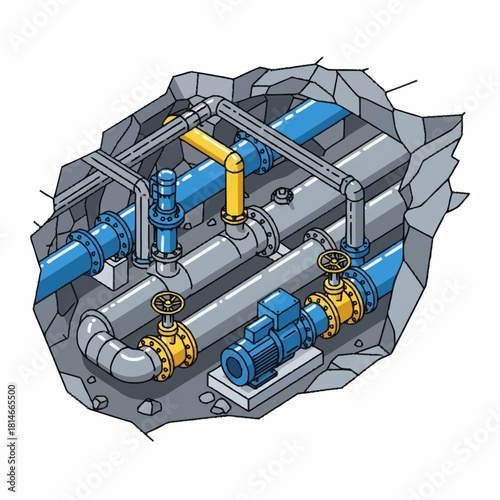 Underground Water Pipe System with Valves and Pumps.