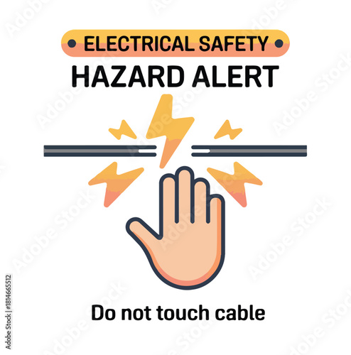 Electrical hazard alert hand near lightning bolt and cables electricity danger