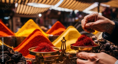 Fototapeta Naklejka Na Ścianę i Meble -  Vibrant colors and textures at a traditional spice market. The beautiful chaos of red paprika, yellow turmeric, and green mint piles. Evokes travel, flavor, and authentic cultural cuisine.