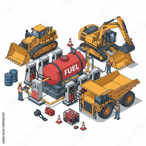 Heavy Construction Equipment Refueling at a Mobile Fuel Station.