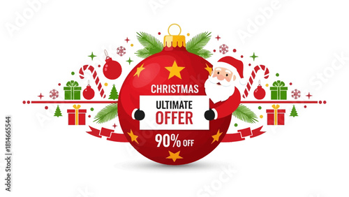 Christmas Ultimate Offer : A festive illustration showcasing a radiant Christmas bauble at its heart, accentuated by a delightful array of seasonal elements and Santa.