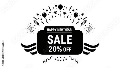 New Year Sale Banner: A festive sale banner, with a message of Happy New Year, advertising a 20% discount on products or services, conveying excitement and savings to customers.