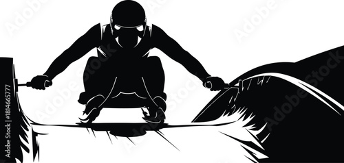 Black silhouette of a person on a sled racing downhill, sledding, winter sport, racing, downhill, speed, action, sport, athlete, person, silhouette, black and white, graphic, dynamic, motion, winter, 