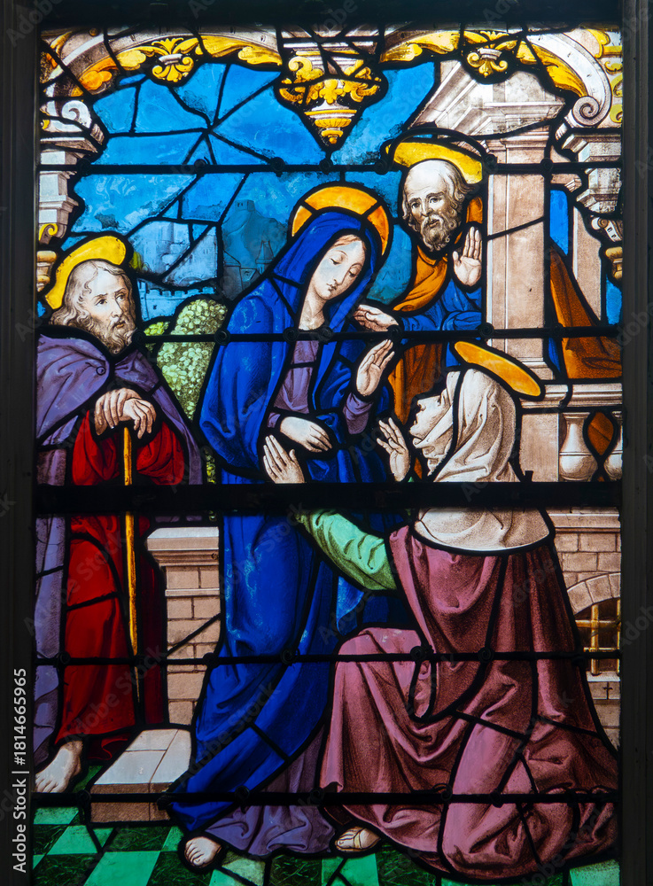 Fototapeta premium Stained glass (19th century) of Visitation of the Virgin Mary to her pregnant cousin Elizabeth.