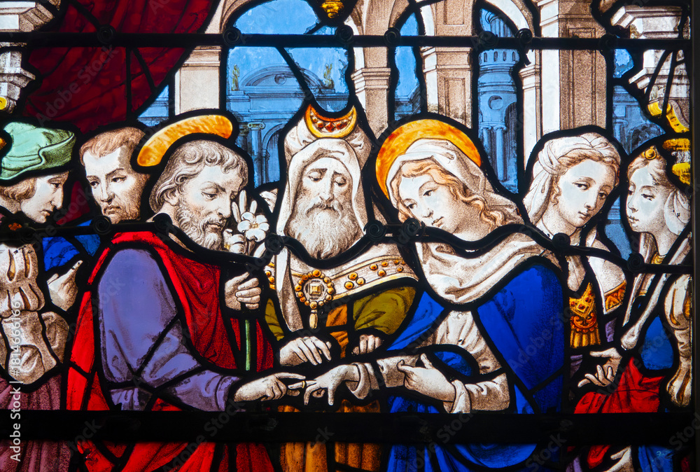 Fototapeta premium Stained glass (19th century) of Holy family: The wedding of Mary and Joseph.