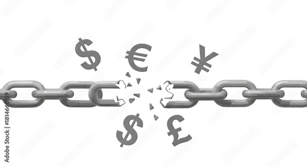 Obraz premium A broken chain with dollar, euro, pound and yen signs imply a financial system collapse.