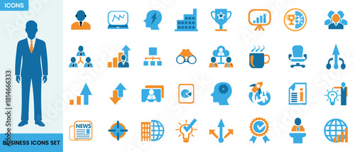 Flat Businessman Full-Body Vector Illustration – Professional Blue Corporate Male Silhouette in Formal Suit and Orange Tie