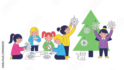 Joyful Snowflake Crafting: Capturing the spirit of festive crafts, children gather around a decorated tree.