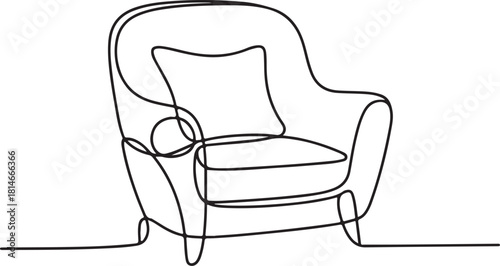 Continuous line art illustration of cozy armchair with soft cushion using handmade contour