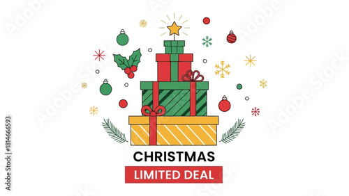 Christmas Limited Deal: Festive stack of gifts decorated with ornaments and a radiant star. Ideal for holiday promotions and seasonal shopping campaigns.
