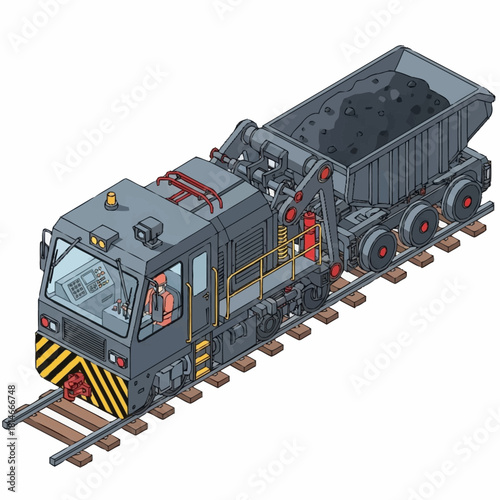 Isometric View of a Heavy-Duty Mine Train with Ore Car.