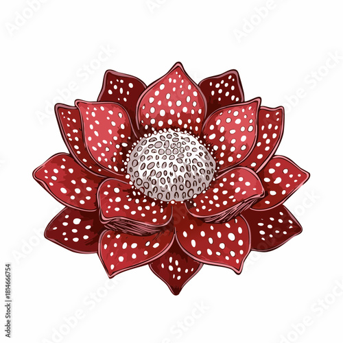 Rafflesia Hasseltii rare corpse flower with deep red dotted petals, botanical macro specimen isolated on white background.