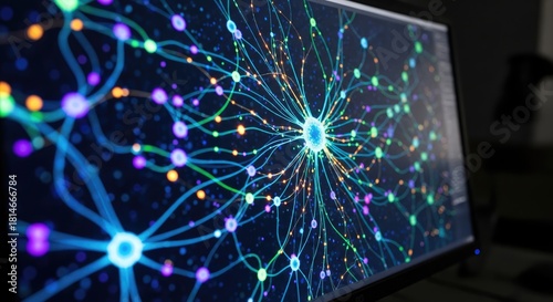 Neural network graphic on screen showing connections, communication, and cutting edge technology concepts