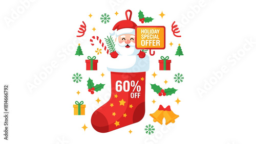 Holiday Special Offer: Santa Claus Emerges from a Festive Stocking, Prominently Displaying a 60% Off Banner, Symbolizing the Spirit of Giving and Joyful Bargains of the Season. 