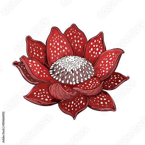 Rafflesia Hasseltii rare corpse flower with deep red dotted petals, botanical macro specimen isolated on white background.