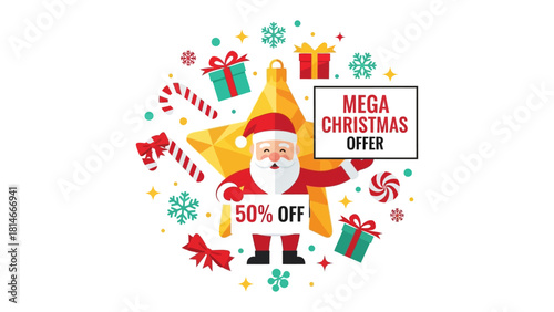 Festive Cheer and Mega Christmas Offer: A jolly Santa Claus stands proudly, surrounded by festive ornaments, advertising a Mega Christmas Offer with 50% off, inviting joy and savings.
