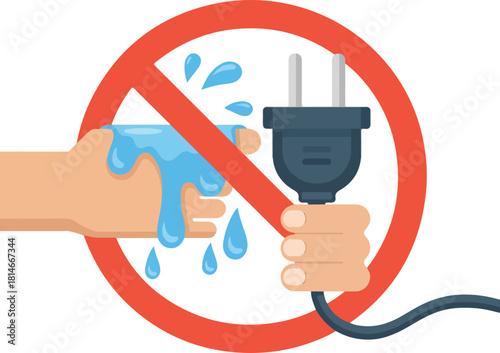 Hand holding electrical plug near water drops with prohibition sign electricity safety
