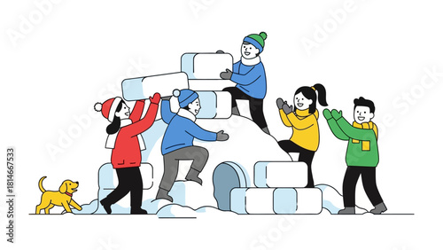 Building a Snow Shelter: A group of children collaboratively constructing a snow shelter. A golden retriever plays nearby, contributing to the joyful winter activity.