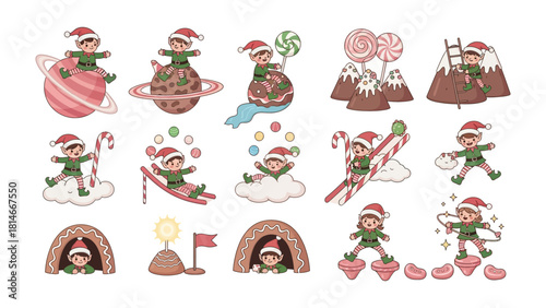 Christmas Elf Set: Whimsical illustrations of festive elves engaged in various activities, adorned with Santa hats and embodying the spirit of the holiday season.