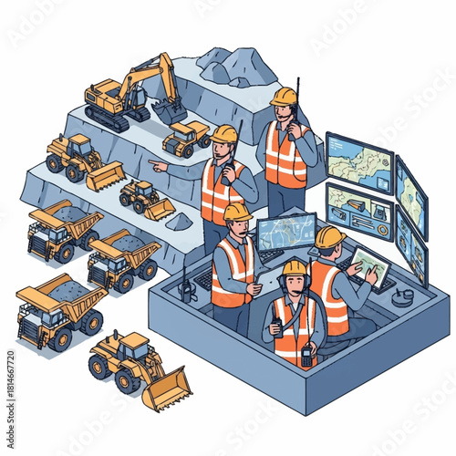Mining control room operators managing autonomous heavy machinery fleet.