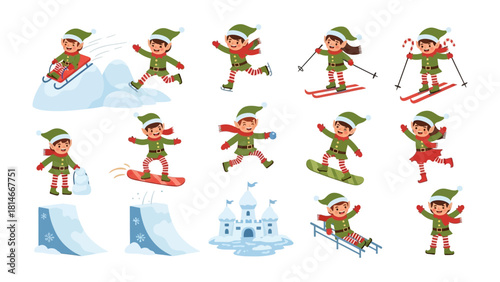 Winter Wonderland Elves in Action: Playful elves engaging in various winter activities, from skiing and snowboarding to snowball fights and building snow structures.