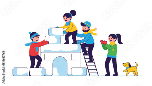 Winter's Embrace: a family, builds a snowman in a snow-covered wonderland. This vibrant illustration embodies the essence of winter joy and togetherness. 