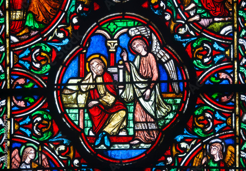 Stained glass (19th century) of The dream of Saint Joseph.