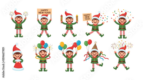 Joyful Elves Celebrating the Holiday Season: A vibrant collection of elves dressed in festive attire and each filled with excitement for the upcoming new year.