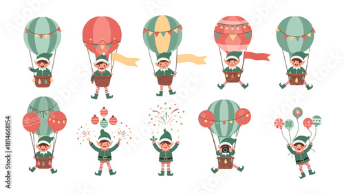 Joyful Aerial Expedition: A festive scene unfolds with elves piloting whimsical hot air balloons. The balloons are adorned with banners and garlands, a joyful celebration.